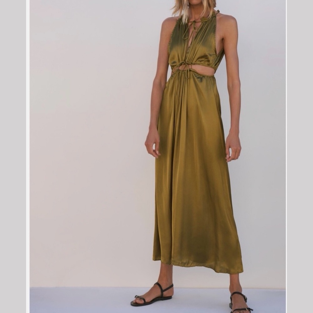 Zara Olive Green Satin Maxi Dress with Cutout